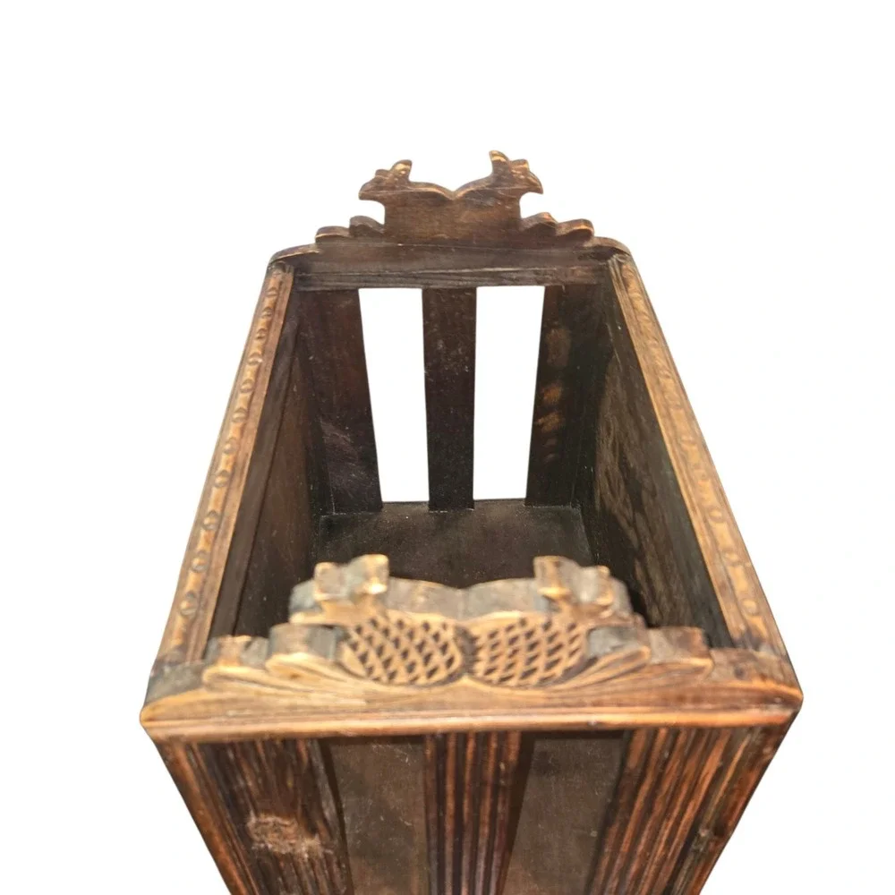 Vintage Brown Wood Magazine Rack Pineapple Carved Basket Weave Brass 14x13x9